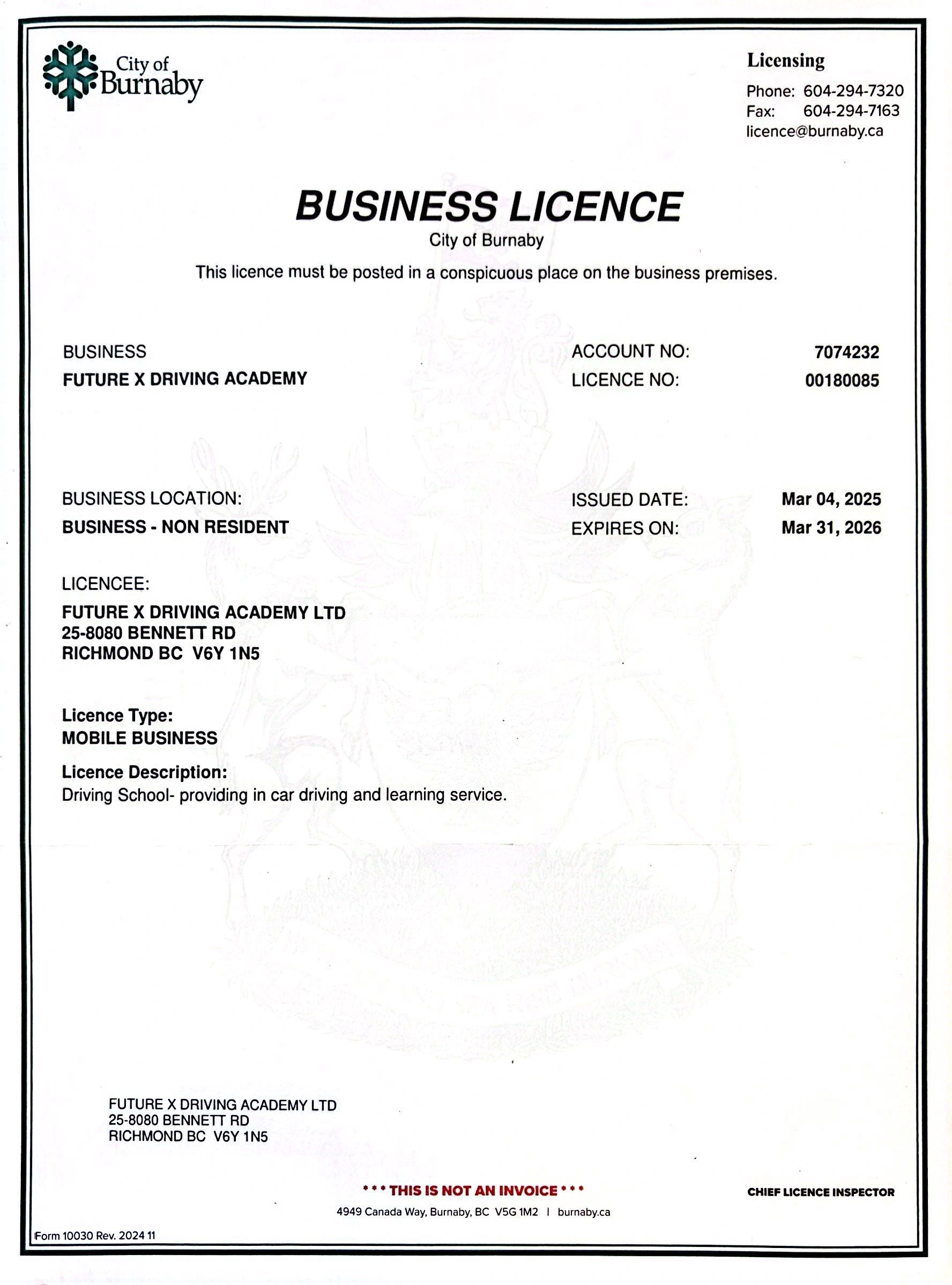 Driving School Business License - Burnab