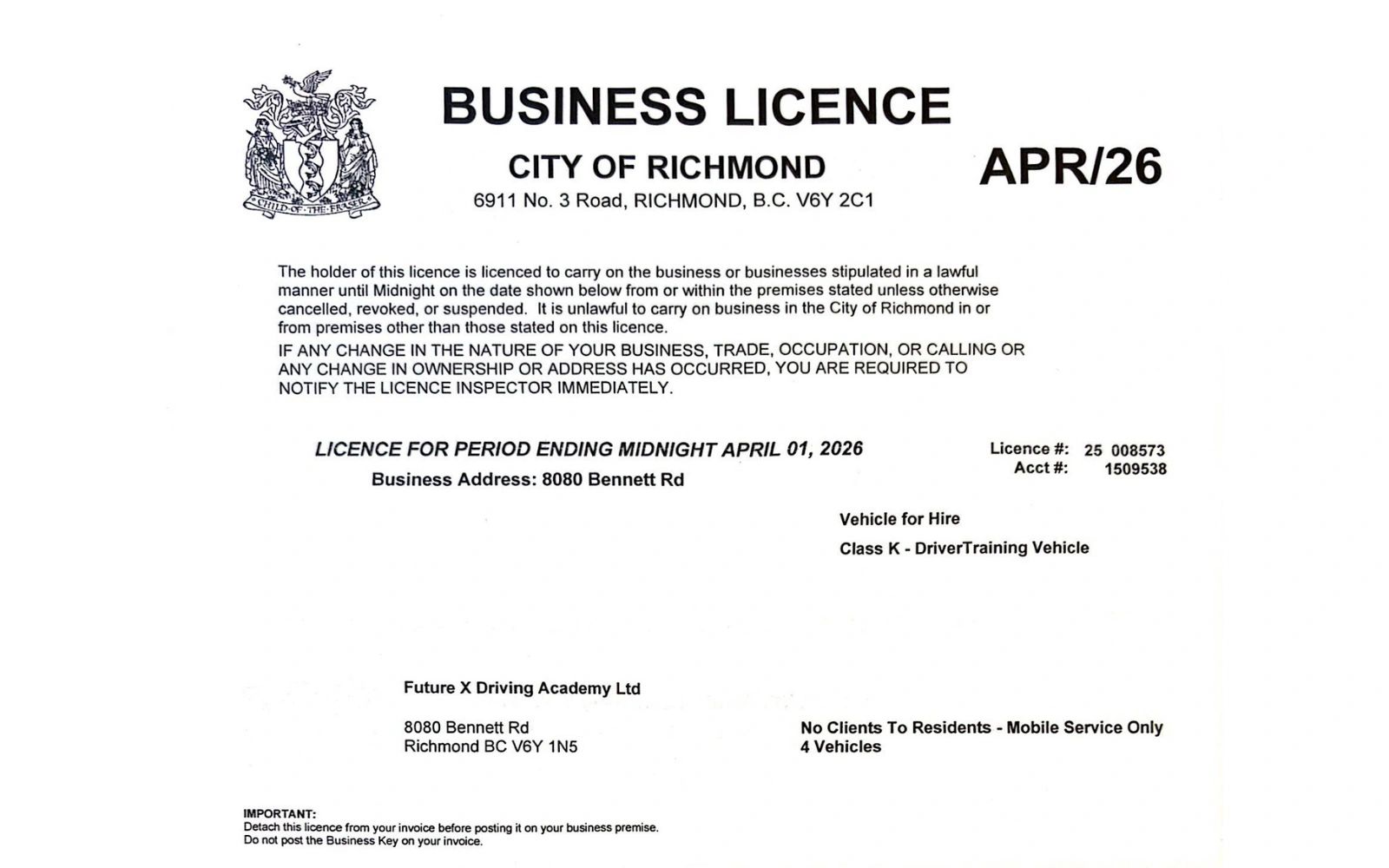 Driving School Business License - Richmond