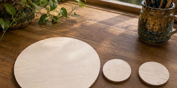 Three wooden circles of different sizes on a wooden table.