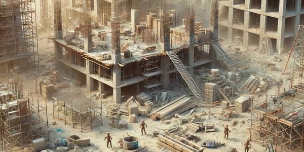 Busy construction site with multiple buildings under construction and workers scattered around.