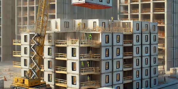 Modular building units being lifted and assembled on a construction site.