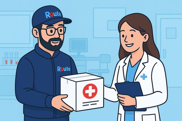 Delivery person handing a medical package to a healthcare professional.