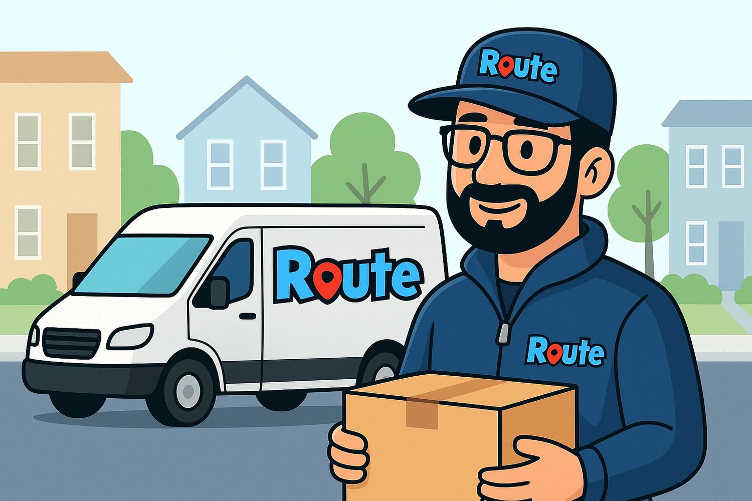 Delivery person holding a package with a Route van in the background.