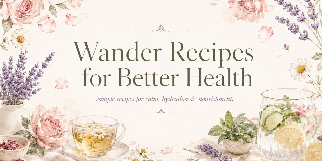Elegant floral design with tea and infused water promoting health recipes.