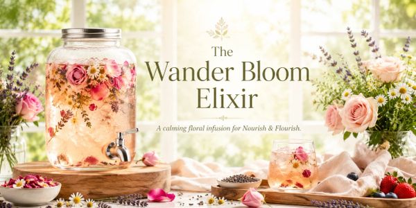 A floral infusion named Wander Bloom Elixir with flowers and berries.