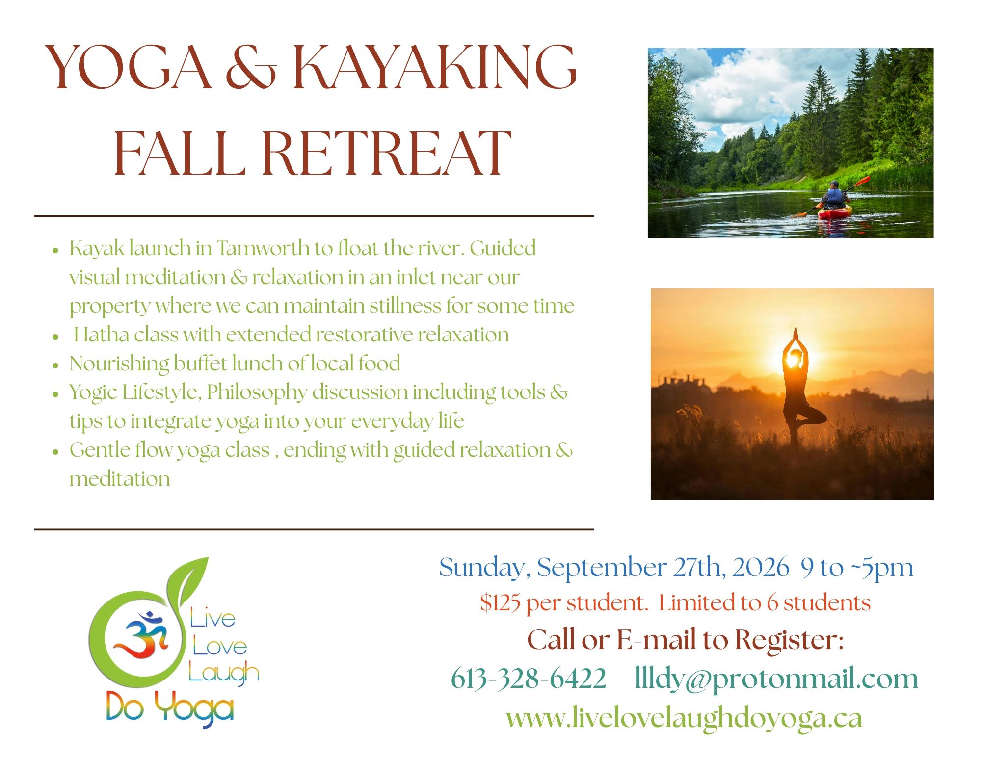 Flyer for Yoga &amp; Kayaking Fall Retreat with schedule and registration details.