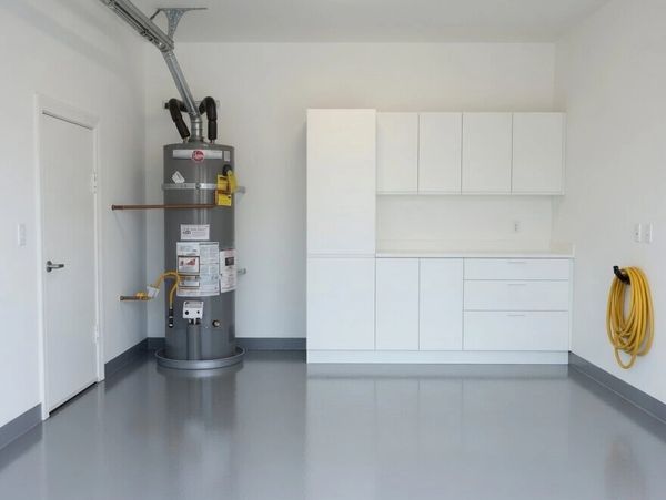 Clean, spacious utility room with white cabinets and a large water heater.
