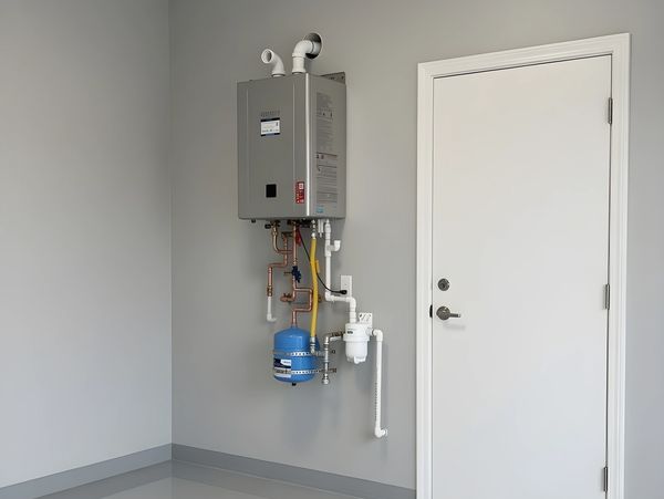 Modern water heater system mounted on a clean gray wall next to a white door.