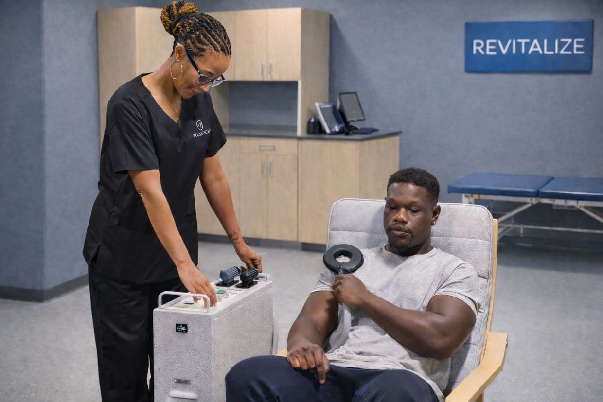 Therapist operating a device while patient holds a massage tool in a wellness center.