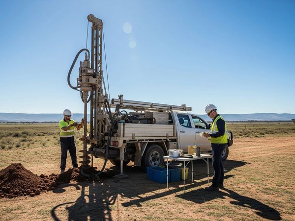 Two workers operate a drilling rig on a dirt field under a clear blue sky.