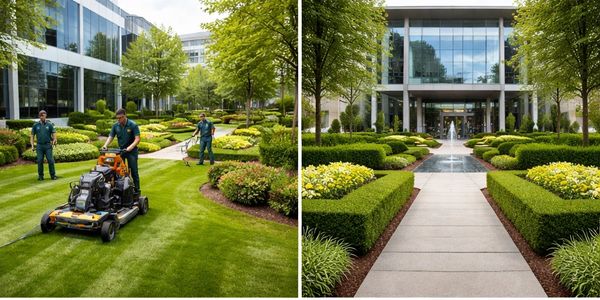 Landscapers maintaining a pristine corporate garden lawn and walkway.