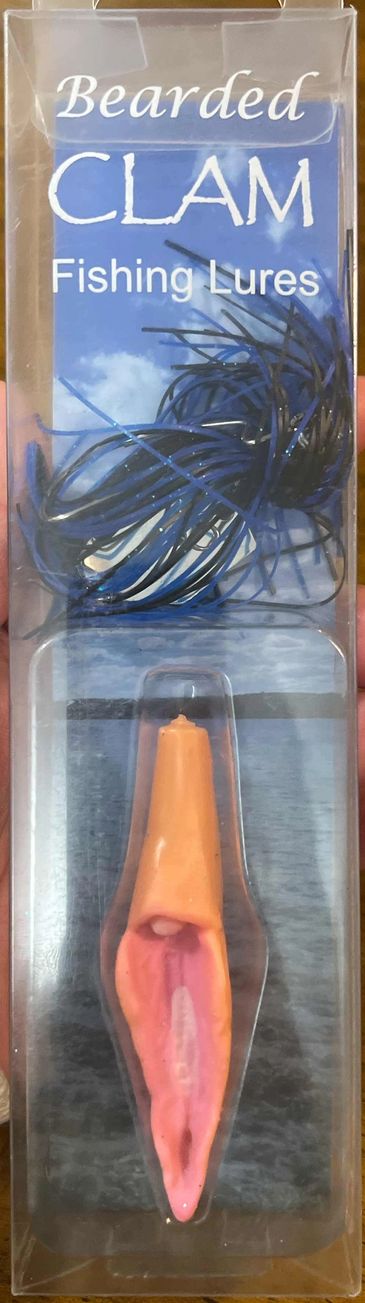 Bearded Clam fishing lure in clear packaging with blue and orange colors.