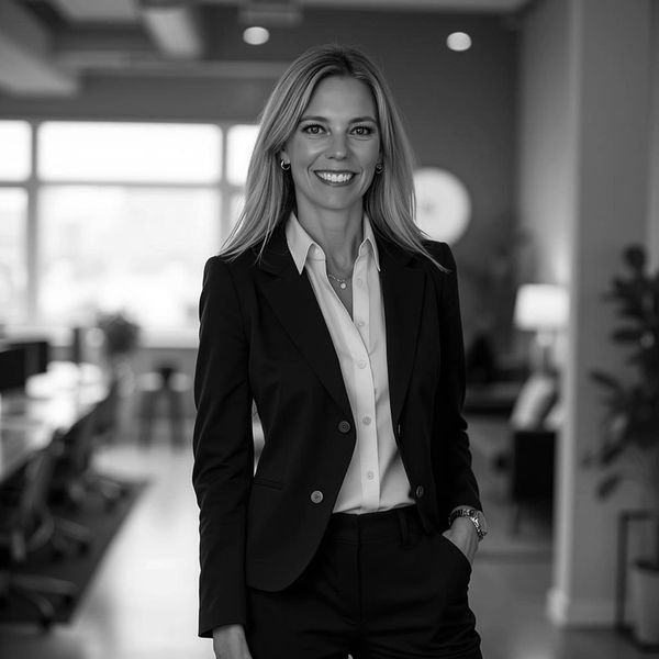 Confident businesswoman smiling in a modern office setting.