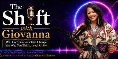 Podcast cover for "The Shift with Giovanna" featuring a smiling woman with a microphone and coffee mug.