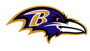 Baltimore Ravens logo. Purple raven head, bordered in gold. Gold "B" on the side of its head.