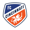 FC Cincinnati logo. Inverted pentagon. blue top, orange bottom. White griffin with sword on bottom.