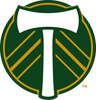 Portland Timbers logo.Green circle with gold horizontal lines, centered white double-headed hatchet.