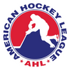 American Hokey League logo. White hockey player outline in circle. Top of circle red, bottom blue.