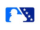 MiLB logo. Person holding bat, facing left. Four white stars lining the right side of the bat.