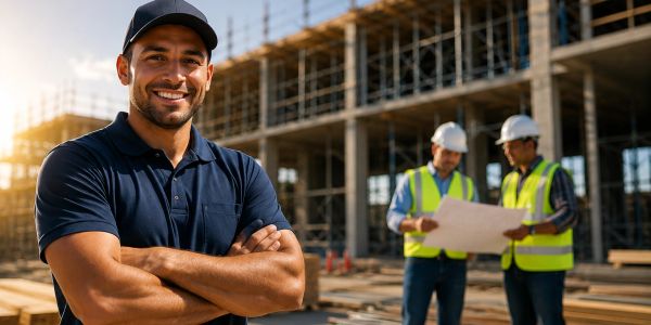 Confident construction worker smiling with two colleagues reviewing plans in the background.