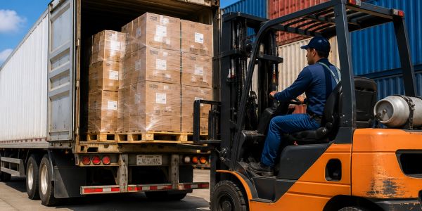 Worker loading pallets onto a truck using a forklift.