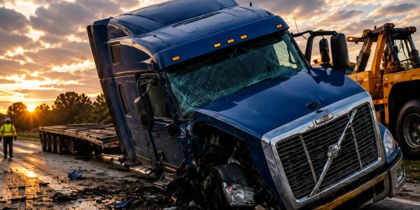 Damaged blue semi-truck with shattered windshield at sunset.