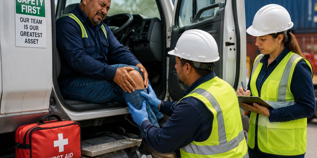 Construction worker injured, receiving first aid from colleagues at a worksite.