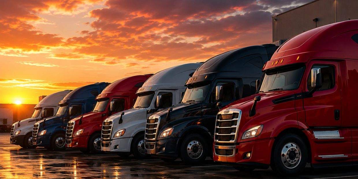 Line of colorful semi trucks parked at sunset with dramatic sky.