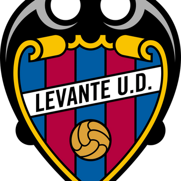 Levante U.D. football club logo with blue and red stripes and a golden ball.