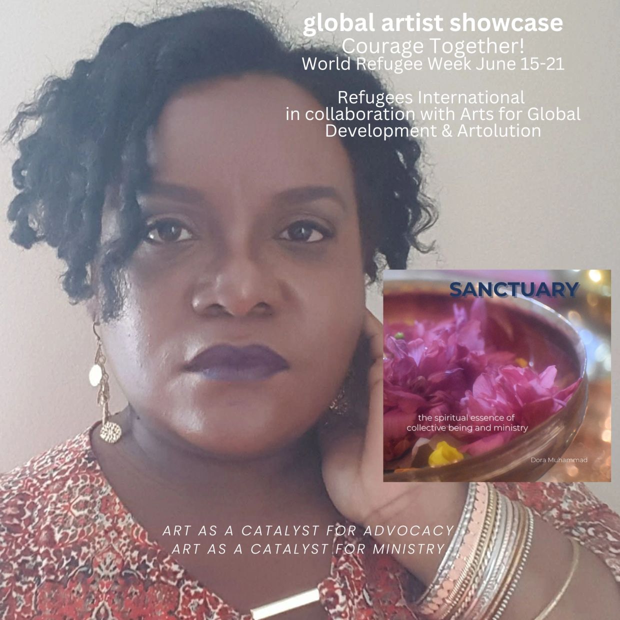 Portrait of a woman promoting global artist showcase for World Refugee Week.