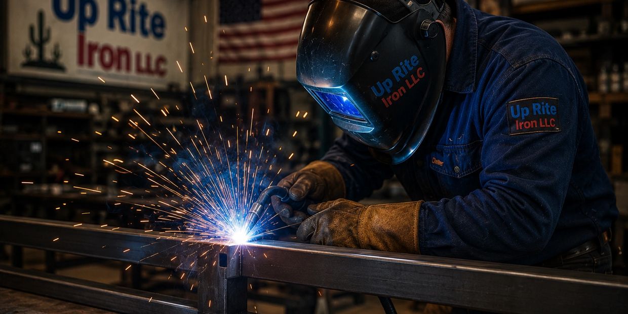 Welder in protective gear sparks metalwork at Up Rite Iron LLC workshop.