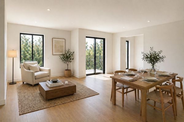 Bright, minimalist living and dining area with natural wood furniture and greenery.