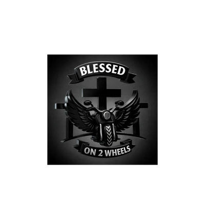 Black motorcycle with wings and crosses, text: Blessed on 2 wheels.