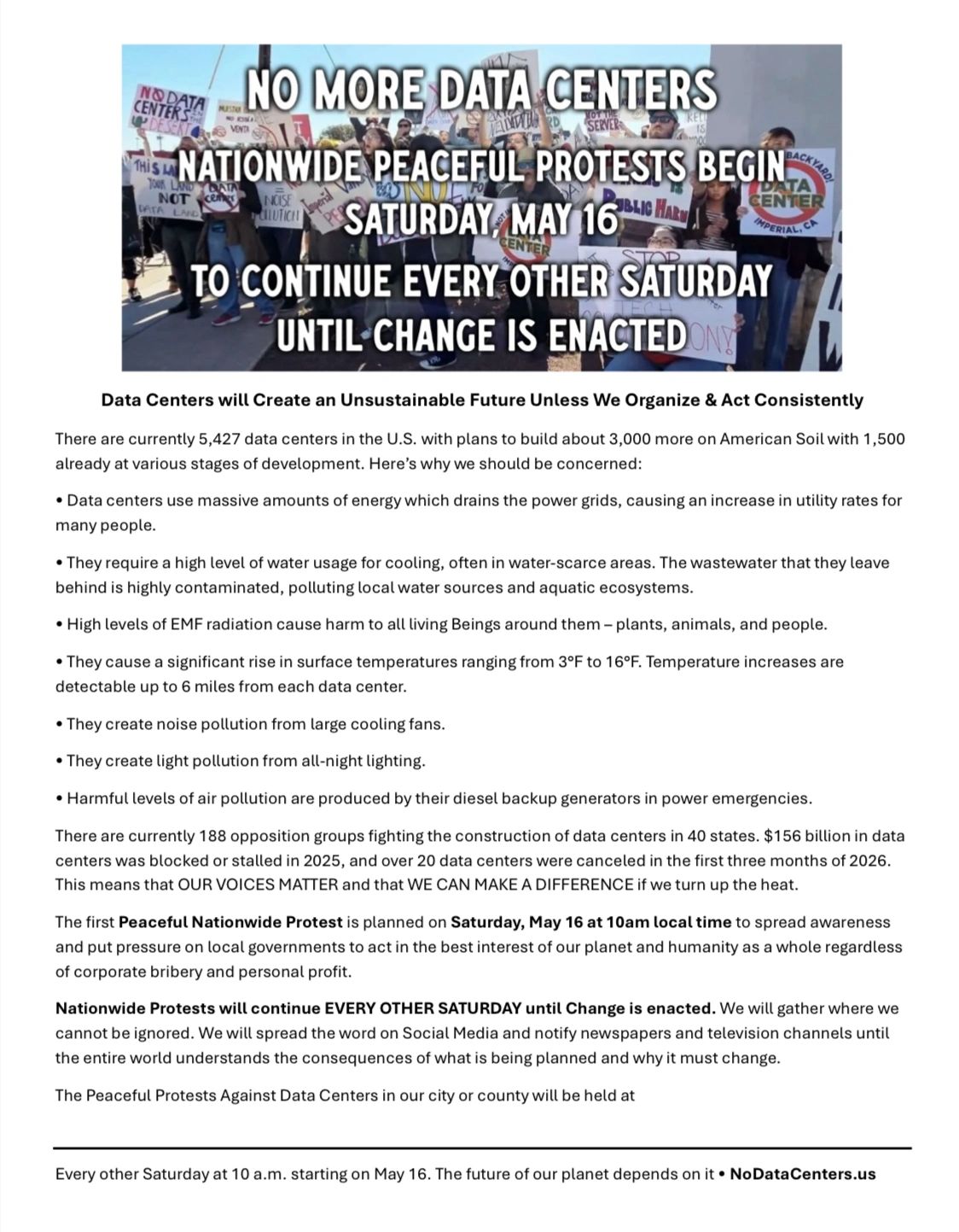 Flyer announcing nationwide peaceful protests against data centers starting May 16 to demand change.