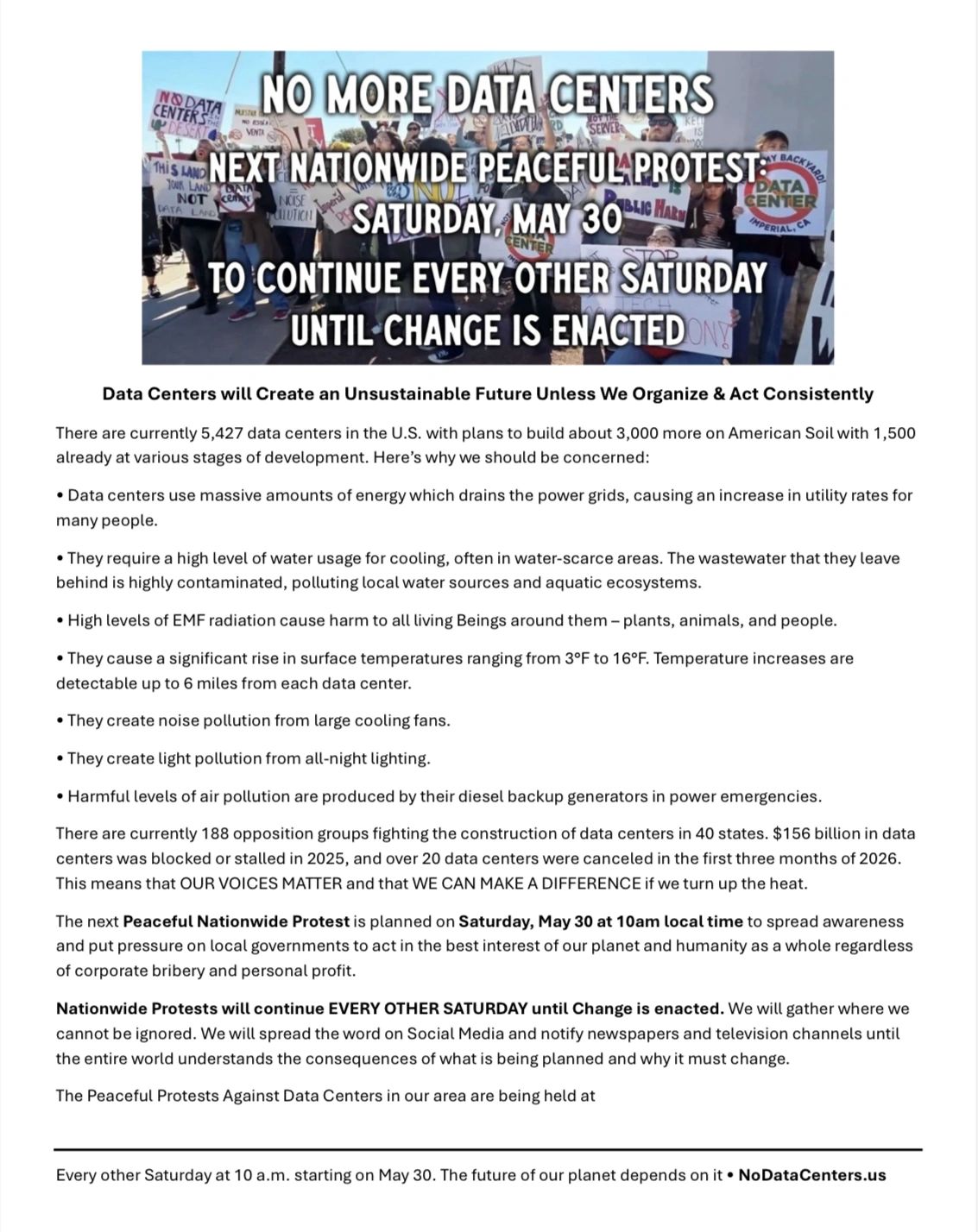 Flyer promoting nationwide peaceful protests against data centers starting May 30.