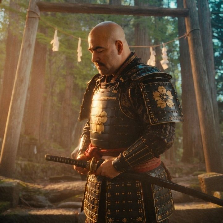 Samurai in traditional armor holding a katana in a forest.