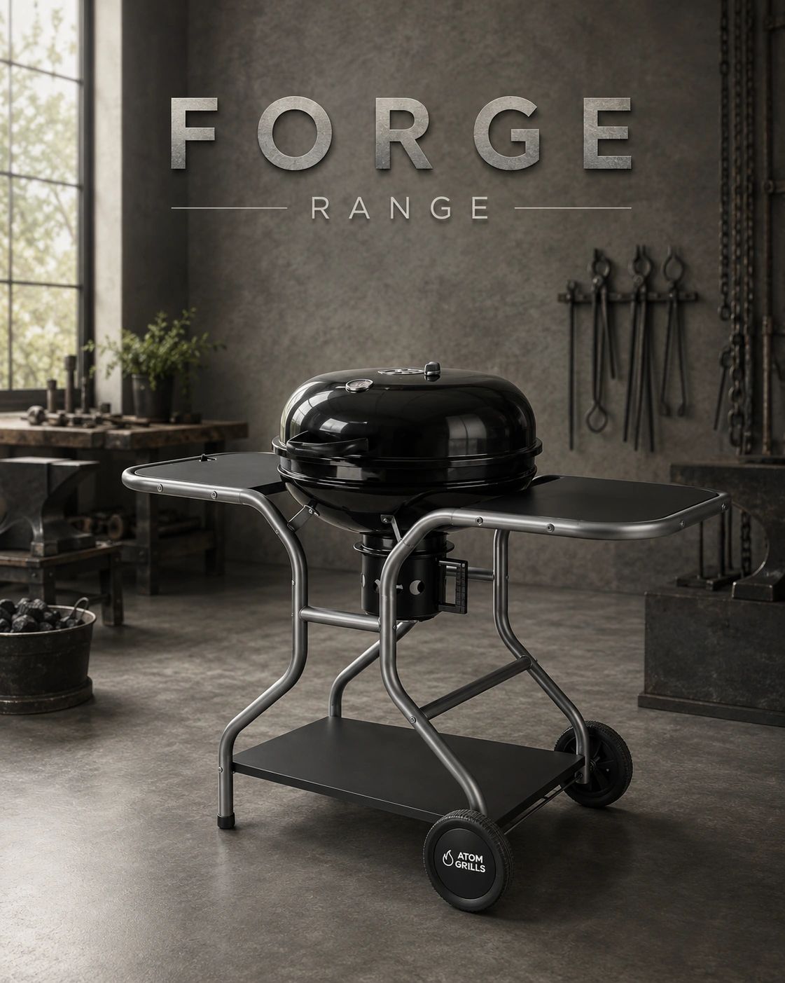 A sleek black charcoal grill with metal frame and wheels in an industrial setting.