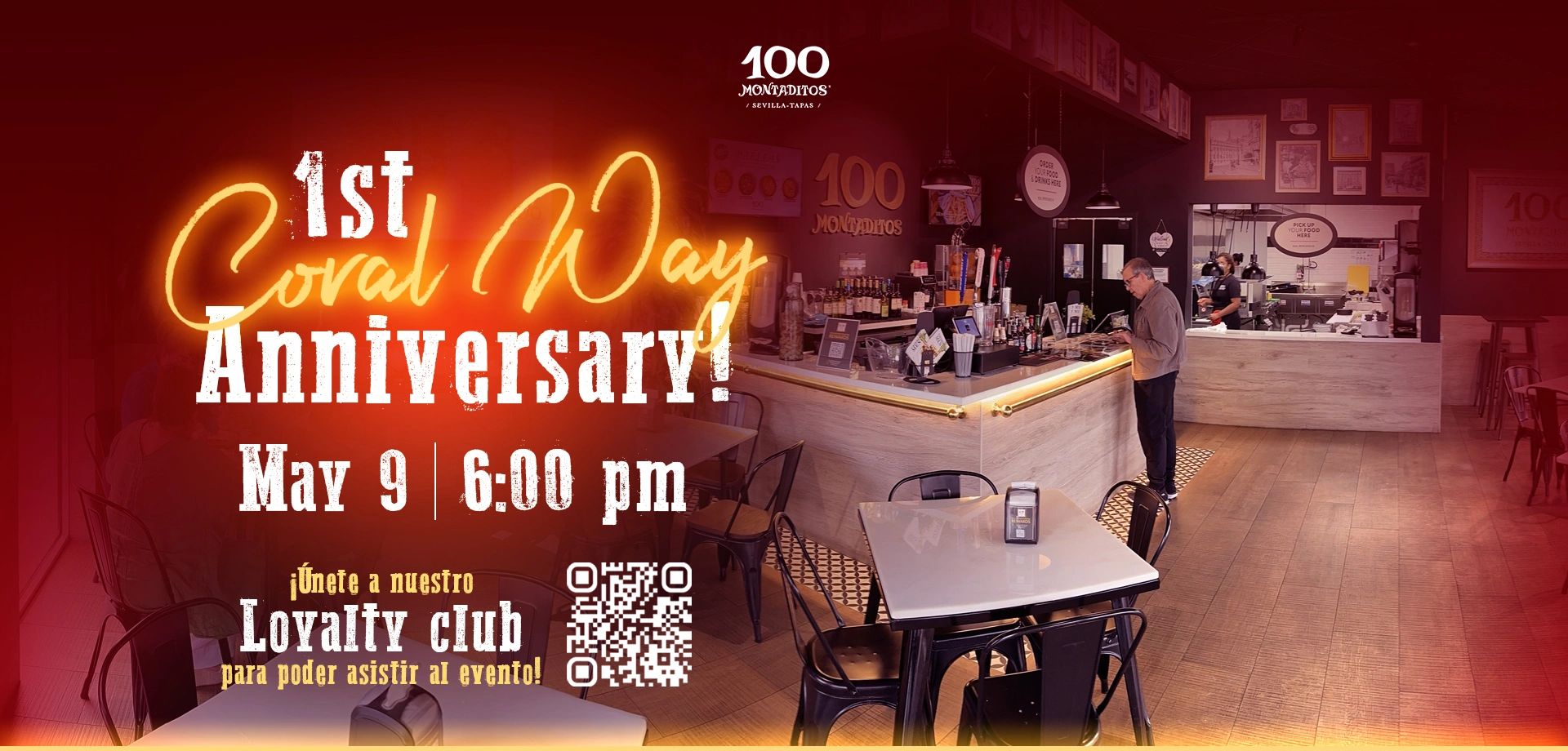 Celebrating 1st Coral Way Anniversary at 100 Montaditos on May 9, 6:00 pm.