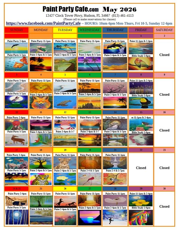 May 2026 calendar for Paint Party Cafe with daily painting events and hours.