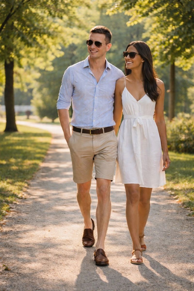 Couple dressed for summer walking in the park