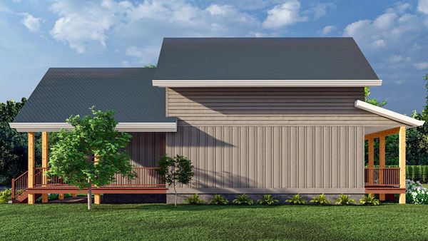 Modern wooden house with a dark roof and porch.