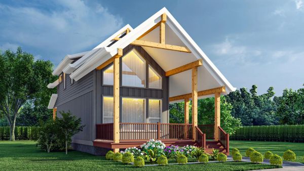 Modern house with wooden accents and spacious porch.