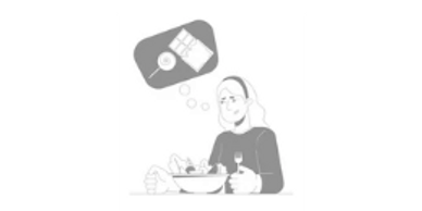 A drawing of a man eating a salad but thinking about sugar and candy
