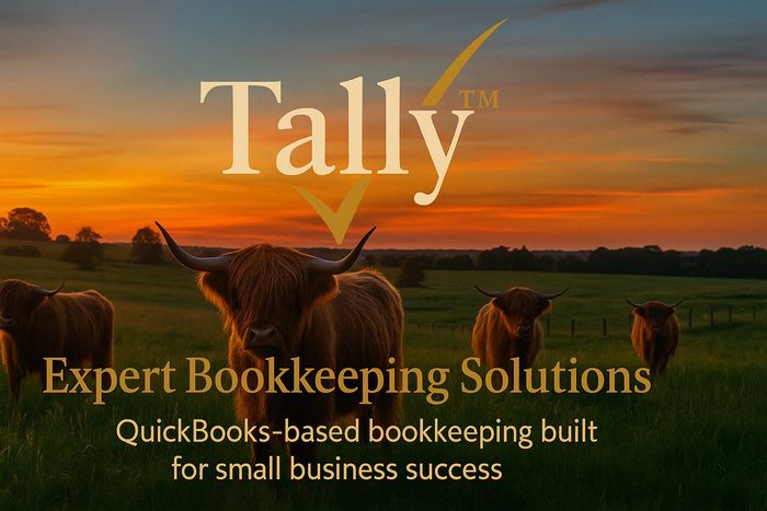 Fluffy cows in front of a sunset with Logo in the center.