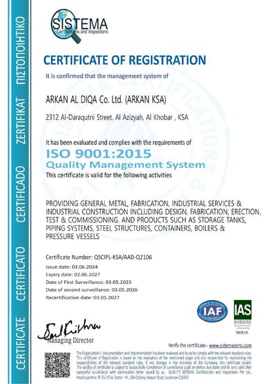 Certificate of Registration for ISO 9001:2015 Quality Management System.