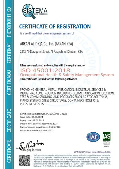 ISO 45001:2018 Occupational Health &amp; Safety Management System certificate for Arkan Al Diqa Co. Ltd.