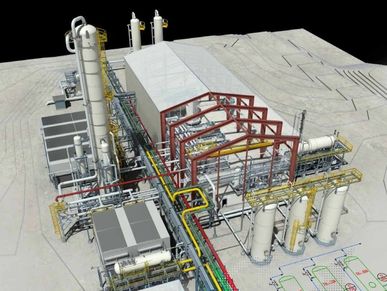 3D model of an industrial plant with towers and pipelines.
