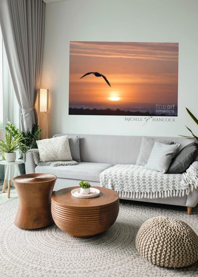 A coastal boho chic decor styled room & Seagull In Sunset photography wall art decor by Michele Hanc