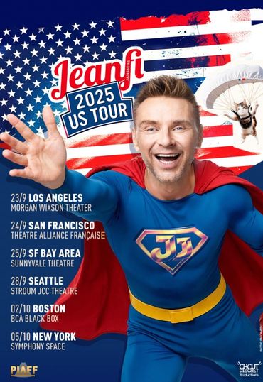 Jeanfi in superhero costume promoting 2025 US tour with dates and cities.