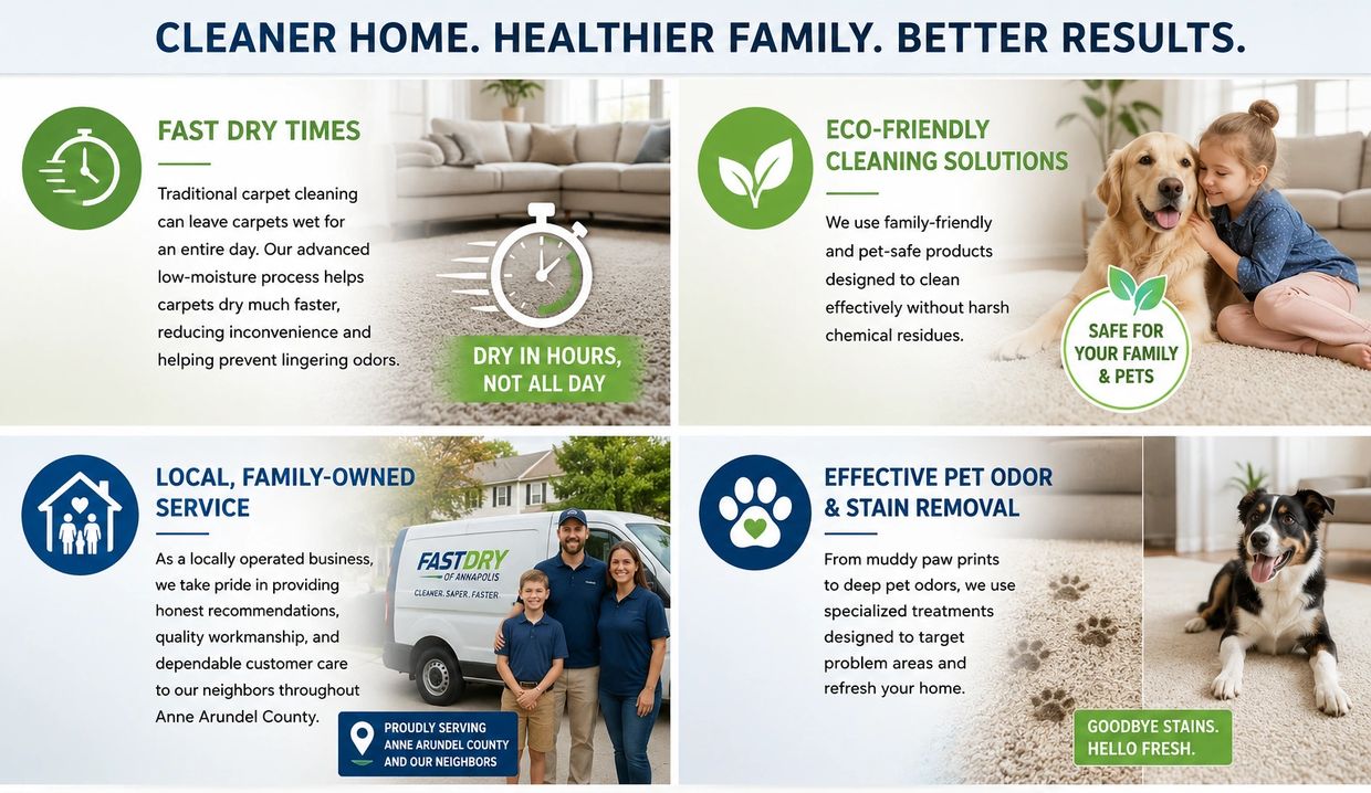 Carpet cleaning service offering fast drying, eco-friendly solutions, local family-owned care, and effective pet odor removal.